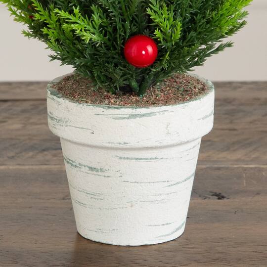 Nearly Natural Artificial Cypress Trees with Red Berries & Pinecones in White Rustic Planter Set